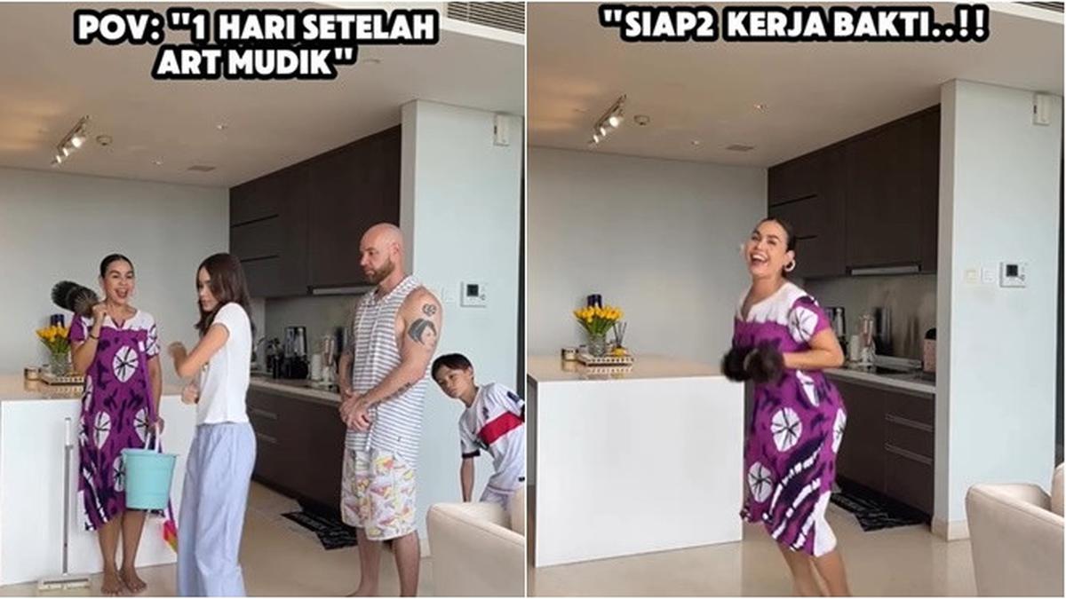 6 Potret Kocak Melaney Ricardo Ditinggal ART Mudik, Suami dan Anak Kerja Bakti