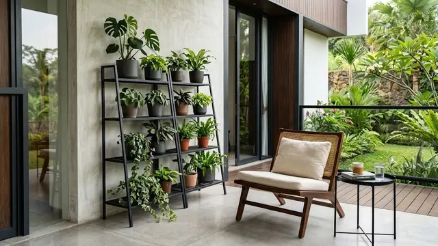 Teras Minimalis dengan Rak Tanaman Besi Hitam