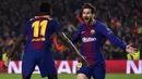 Bintang Barcelona, Lionel Messi, merayakan gol yang dicetaknya ke gawang Chelsea pada laga Liga Champions di Stadion Camp Nou, Barcelona, Rabu (14/3/2018). Menang 3-0, Barcelona lolos dengan agregat 4-1 atas Chelsea. (AFP/Josep Lago)