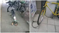 Cara Nyeleneh Orang Mengunci Sepeda. (Sumber: Twitter/@txtdarigajelas dan Brilio.net)