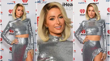 Foto kolase saat Paris Hilton menghadiri iHeartRadio 102.7 KIIS FM's Jingle Ball 2022 yang dipersembahkan oleh Capital One di The Kia Forum, Inglewood, California, Amerika Serikat, 2 Desember 2022. (Jon Kopaloff/Getty Images/AFP)