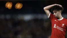 Ekspresi pemain Liverpool Kaide Gordon saat melawan Union Saint Gilloise pada pertandingan sepak bola Liga Europa di Lotto Park, Brussels, Belgia, Kamis (14/12/2023). (Kenzo TRIBOUILLARD/AFP)