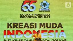 Ketua Umum Partai Golkar Airlangga Hartarto memberi sambutan dalam peringatan HUT ke-55 Partai Golkar di Jakarta, Rabu (6/11/2019). HUT ke-55 Partai Golkar mengangkat tema '55 Tahun Partai Golkar Bersatu untuk Negeri Berkarya untuk Bangsa'. (Liputan6.com/JohanTallo)