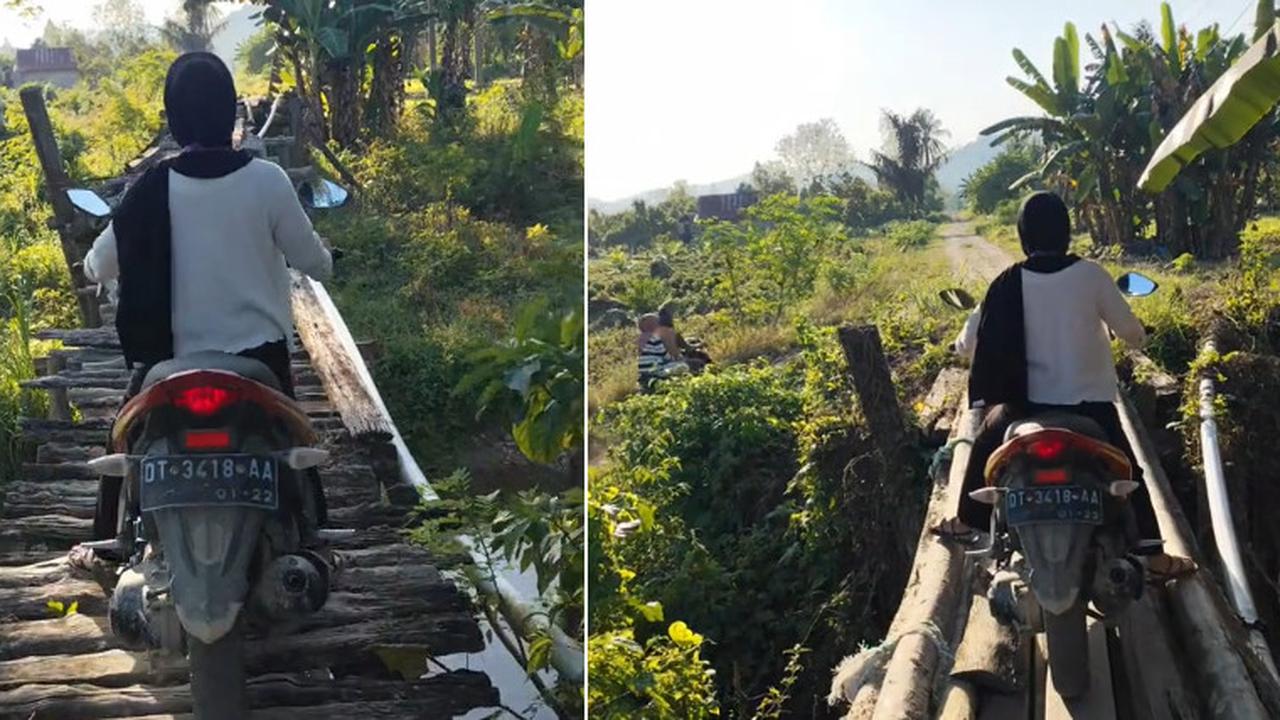 Momen Pengendara Wanita Lewati Jembatan Kayu Tanpa Rem Motor yang Optimal, Aksinya Bikin Ngeri