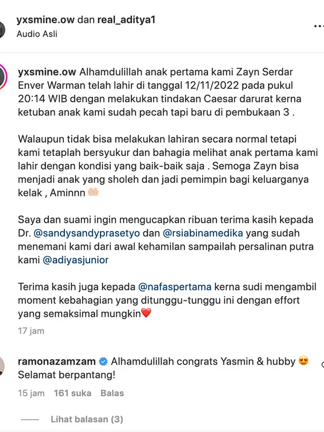 Unggahan Aditya Zoni dan Yasmine Ow. (Foto: Dok. Instagram @real_aditya1)