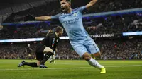 Striker Manchester City Sergio Aguero usai mencetak gol ke gawang Burnley (Reuters / Jason Cairnduff)