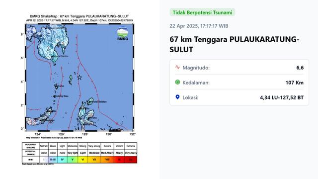 Pada pukul 17:17:17 WIB, Selasa (22/4/2025), gempa bumi menggetarkan wilayah Pulau Karatung, Provonsi Sulawesi Utara.