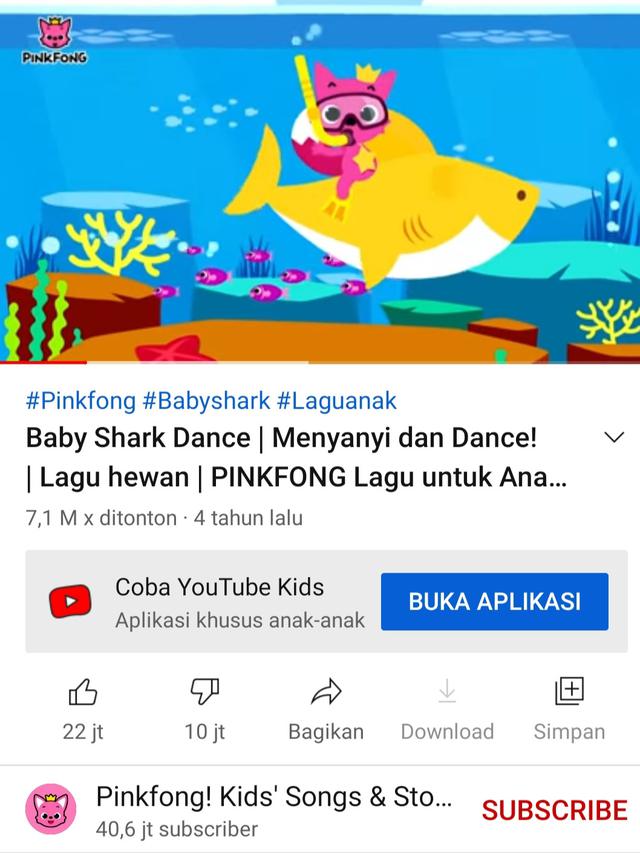 Akun Pingfong yang mengunggah lagu "Baby Shark." (Foto: YouTube Pinkfong!)