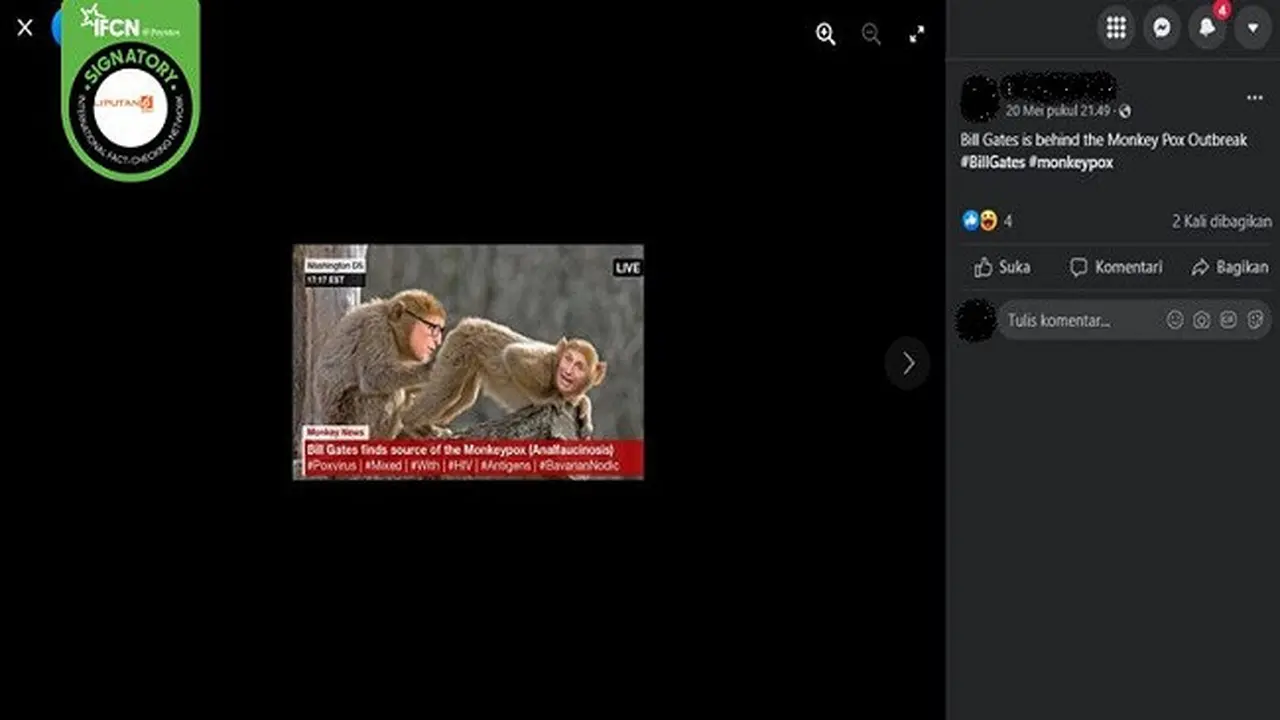 Gambar Tangkapan Layar Bill Gates di Balik Merebaknya Kasus Cacar Monyet (sumber: Facebook).