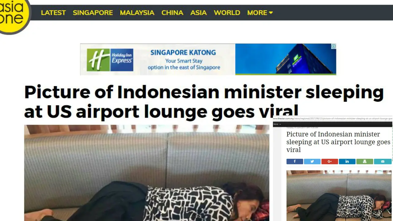 Beberapa media asing menyoroti Menteri Susi tidur di Bandara John F Kennedy, Amerika Serikat. (Asia One dan The Star.My)