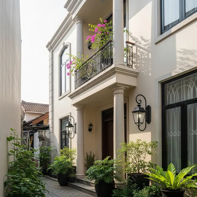 Fasad Rumah Mediterania Modern untuk Gang Sempit agar Tampil Estetik (AI Generated)