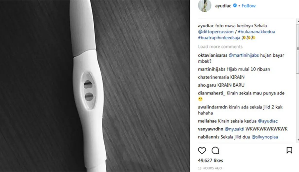 Melihat dari keterangan fotonya, ternyata Ayudia sedang mengenang masa-masa awal kehamilannya saat mengandung Sekala. “Foto masa kecilnya Sekala @dittopercussion / #bukananakkedua #buatrapihinfeedsaja,” tulisnya. (Instagram/ayudiac)