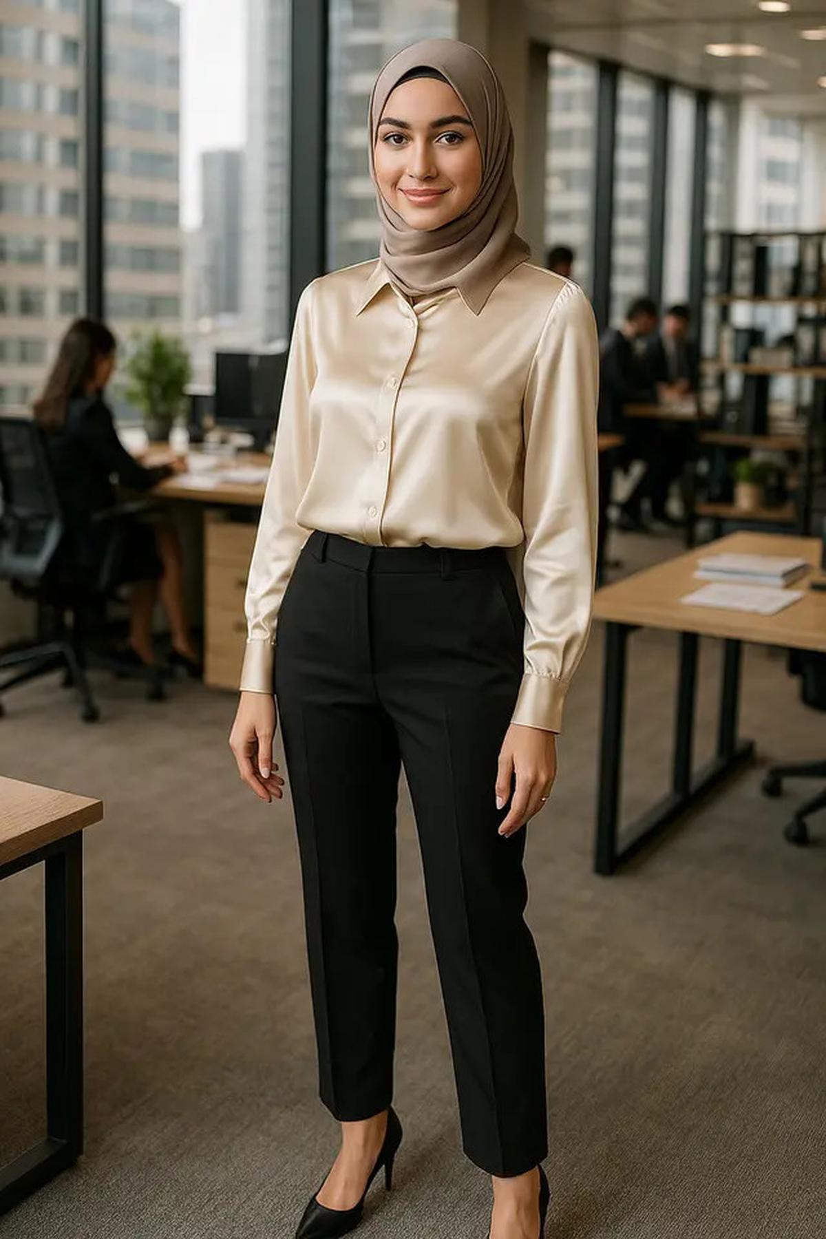 7 Rekomendasi Baju Kantor Berjilbab Blus Lengan Panjang