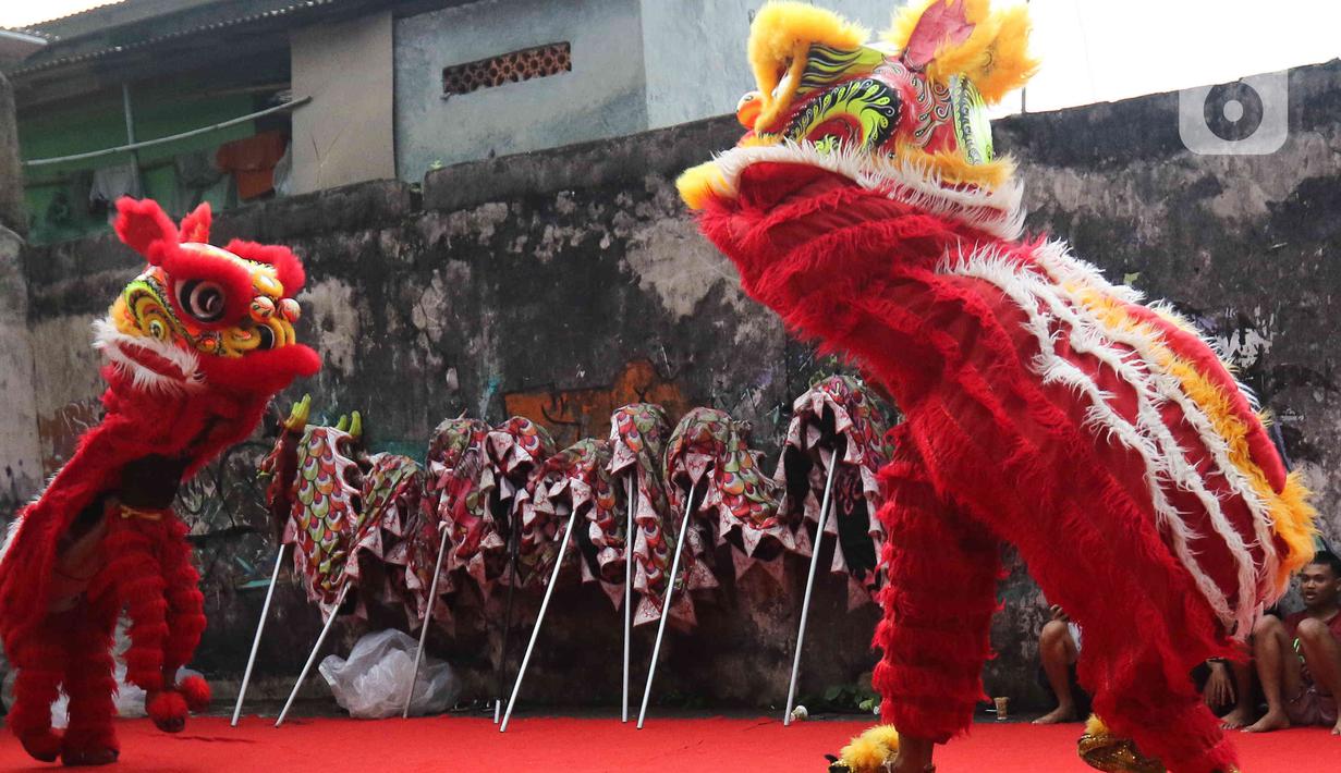 Pemain dari kelompok barongsai Naga Merah Putih Bogor melakukan latihan dengan Barongsai di kawasan Babakan Pasar, Kota Bogor, Jawa Barat, Rabu (11/1/2023). Latihan tersebut  untuk mempersiapkan penampilan menyambut Tahun Baru Imlek. (Liputan6.com/Herman Zakharia)