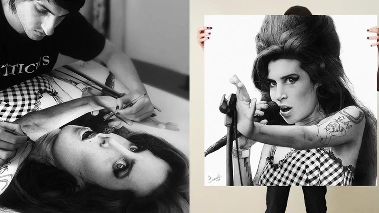 [Bintang] Kenang Amy Winehouse, Seniman Ini Pakai 2 Tangan untuk Menggambar