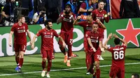 Pemain Liverpool merayakan gol Divock Origi ke gawang Tottenham Hotspur pada final Liga Champions 2018-2019 di Stadion Wanda Metropolitano, Madrid, Minggu (2/6/2019) dini hari WIB. (AFP/Oscar Del Pozo)