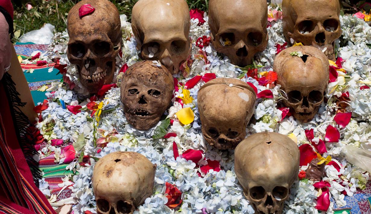 Sejumlah tengkorak manusia ditaburi bunga saat Festival Natitas di La Paz, Bolivia (8/11). Ritual ini digelar seminggu setelah Hari Mati di Bolivia. (AP Photo/Juan Karita)