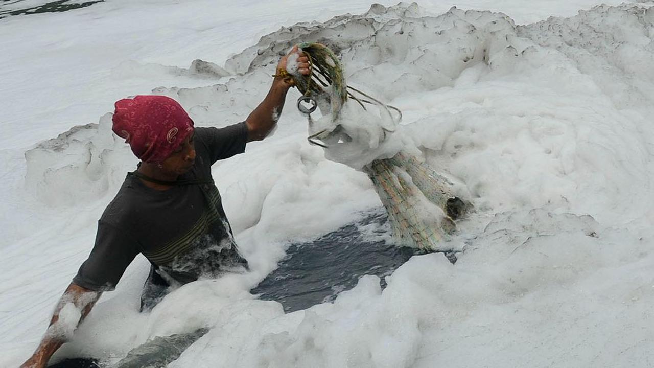 Meski begitu, sejumlah warga tetap nekat masuk ke dalam kali tercemar itu untuk menjala ikan jenis sapu-sapu yang dikenal tahan hidup di segala kondisi air.<br>