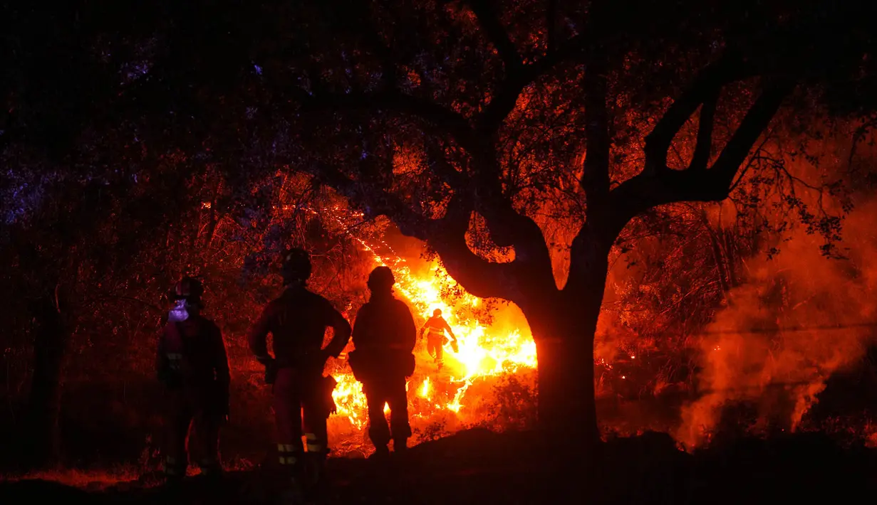 Petugas pemadam kebakaran menggunakan pembakaran terkontrol untuk menghentikan kebakaran hutan yang terus menyebar di dekat Cebreros, provinsi Ávila, Spanyol, Selasa, 28 Juli 2026. (AP Photo/Manu Fernandez)