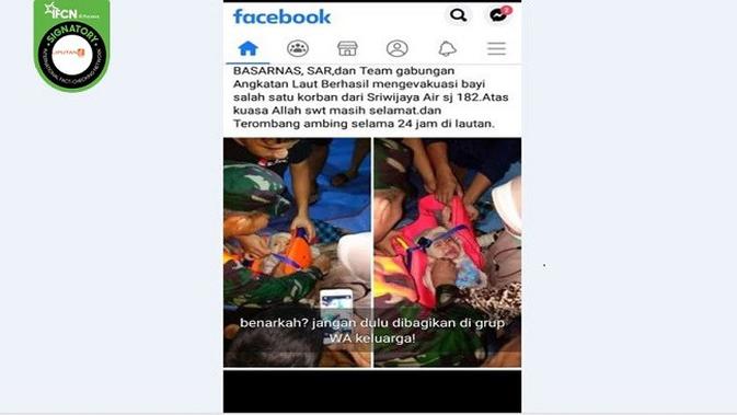 Gambar Tangkapan Layar Foto yang Diklaim Bayi Korban Selamat dari Jatuhnya Pesawat Sriwijaya Air SJ 182 (sumber: Facebook)