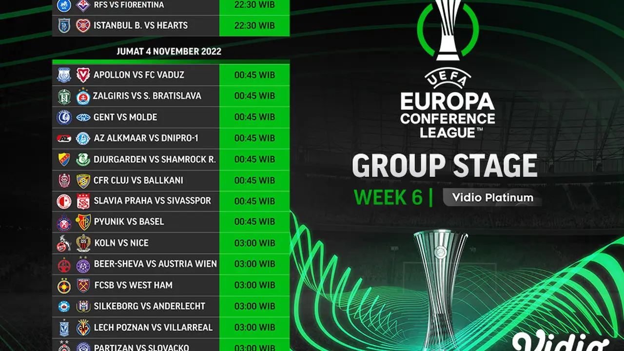 Jadwal dan Live Streaming UEFA Conference League 2022/2023 Matchday 6 di Vidio, 3&4 November 2022