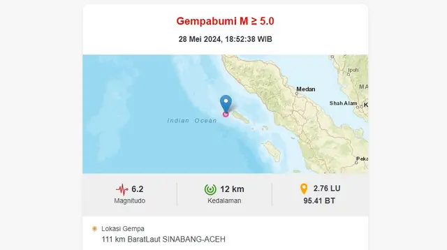 Gempa magnitudo 6,2 mengguncang wilayah Sinabang, Aceh. (BMKG)
