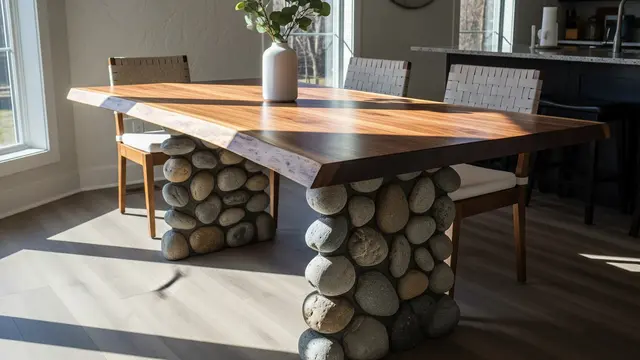 Meja Kayu Solid dengan Alas Batu Kali.