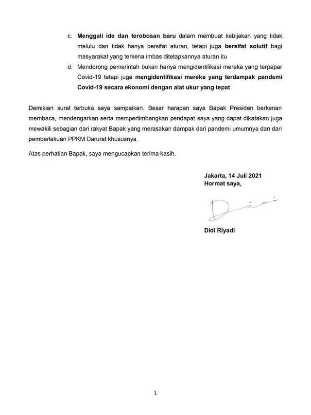 Surat terbuka Didi Riyadi. (Foto: Dok. Instagram @didiriyadi_official)