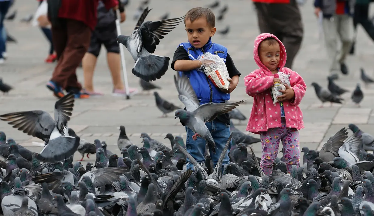 Anak-anak memberi makan kawanan merpati di Alun-Alun Bolivar, Bogota, 2 Oktober 2018. Pemerintah Bogota berusaha mengurangi jumlah populasi merpati melalui larangan bagi pengunjung untuk tidak memberi makan lagi burung-burung itu. (AP/Fernando Vergara)