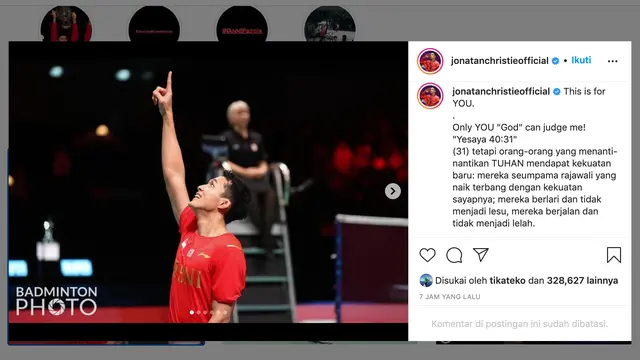 Unggahan Jonatan Christie. (Foto: Instagram @jonatanchristieofficial)
