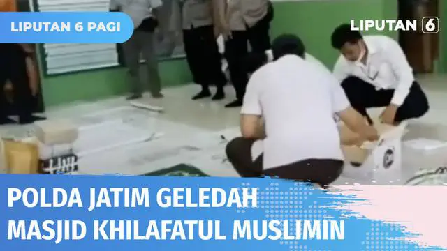 Polda Jawa Timur menggeledah kantor dan masjid kelompok Khilafatul Muslimin wilayah Surabaya Raya di Jalan Gadel Sari Madya 1 A, Surabaya. Usai penggeledahan, Polda mengamankan dokumen dan bendera khilafah.
