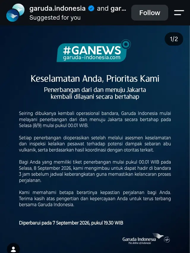 Informasi layanan penerbangan Garuda Indonesia di akun Instagram resminya, @garuda.indonesia.