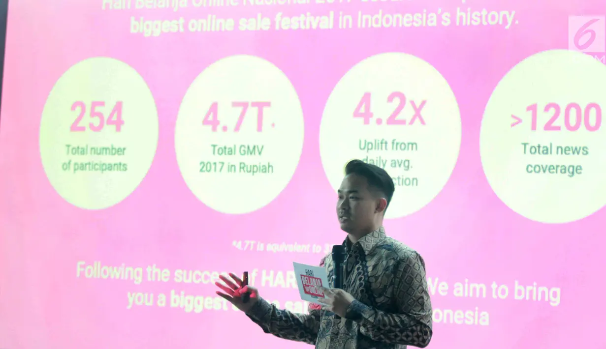 Country Head of Shopback Indonesia sekaligus Ketua Harbolnas 2018, Indra Yonathan memberikan sambutan pada acara media briefeng Harbolnas 2018 di Jakarta, Selasa (13/11). Harbolnas akan digelar pada 11-12 Desember 2018. (Liputan6.com/HO/Sebio)