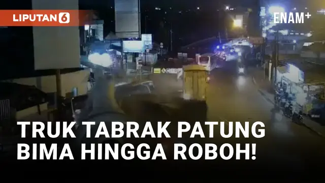 Rem Blong, Truk Tabrak Patung Bima Hingga Roboh!