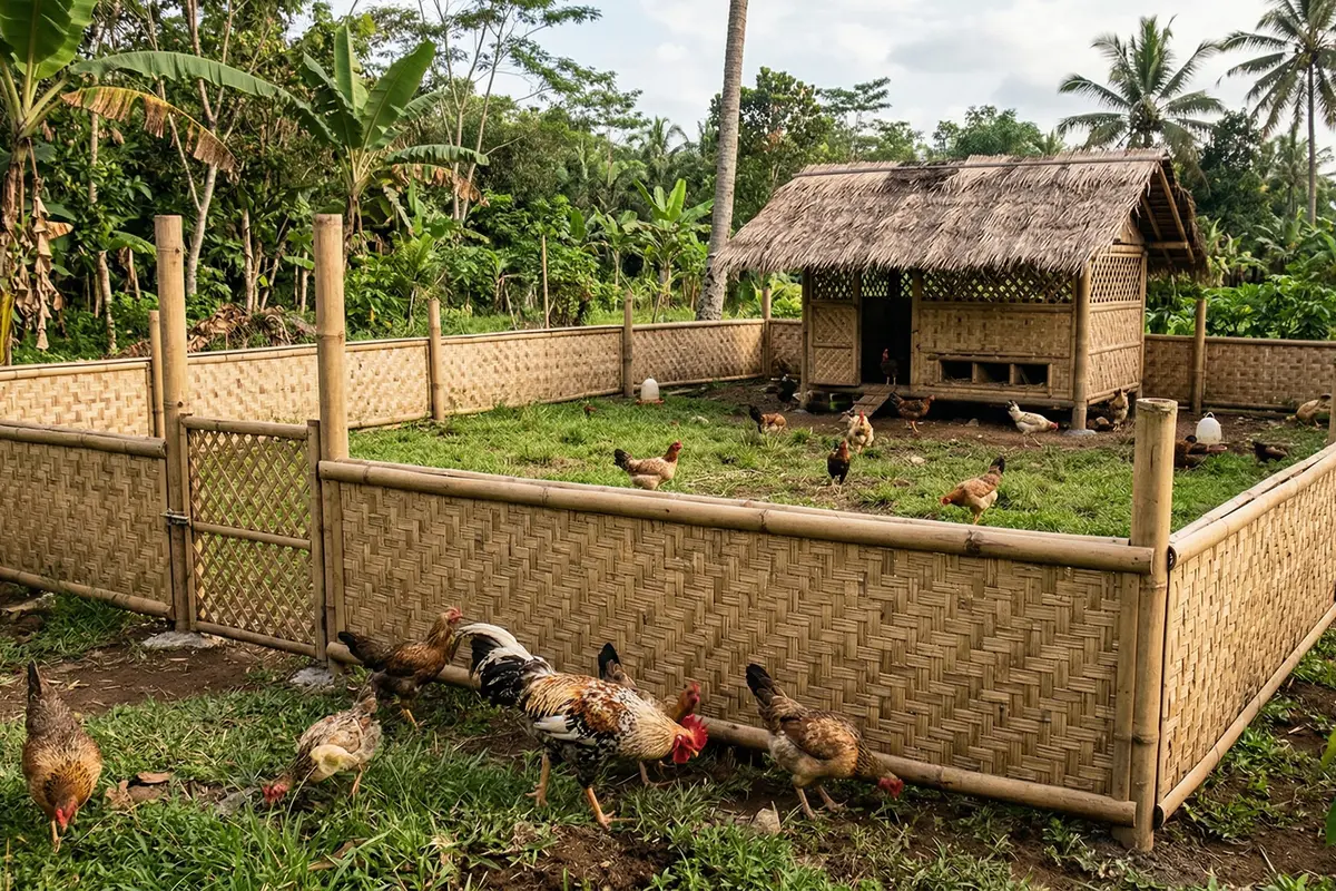 Kandang Ayam Umbaran dengan Pagar Bambu (Foto: Gemini AI)