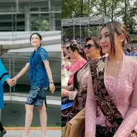 Hadiri wisuda Zahwa Massaid, Aaliyah Massaid tampil memesona dalam kebaya kutubaru bernuansa merah muda yang lembut. Kebaya tersebut dipadukan dengan kain batik cokelat gelap sebagai rok dan selendang. [@aaliyah.massaid].