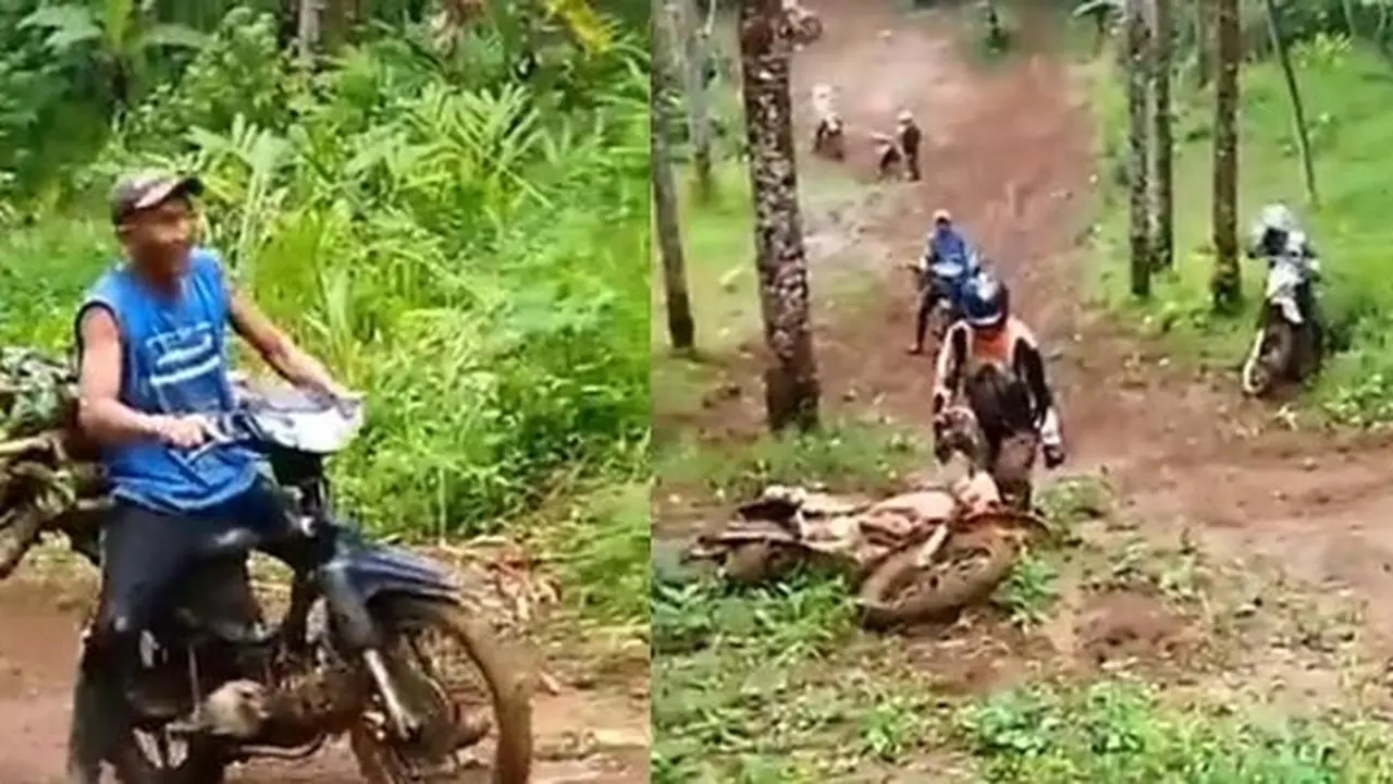 Pemotor trail tak kuat menanjak (TikTok/@dikirafiuki)
