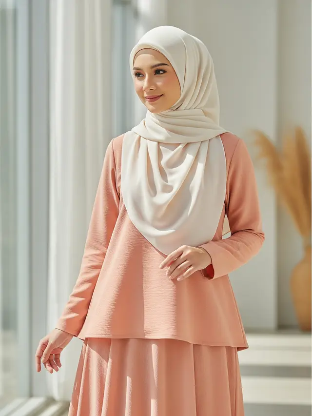 Baju Peach dengan Jilbab Cream atau Beige