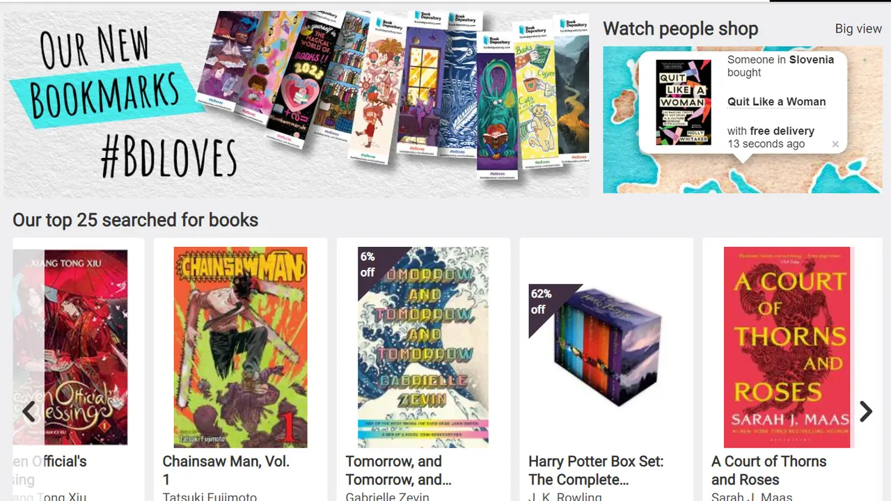 Halaman depan situs Book Depository yang terkenal di antara pembaca buku internasional.