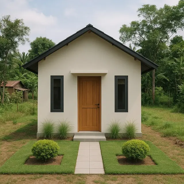 Gambar Rumah Sederhana Ukuran 5x7 di Kampung dengan Taman Kecil di Depan