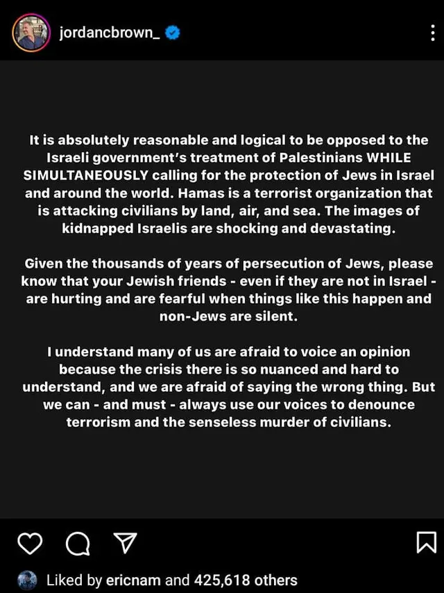 Unggahan seorang politisi yang menyatakan dukungan atas Israel disukai oleh Eric Nam