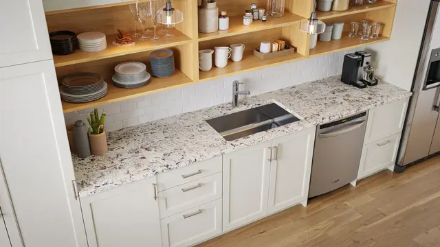 Desain Dapur Murah dengan Countertop Granit Imitasi
