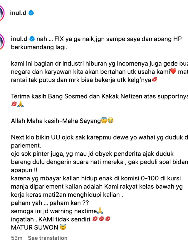 Unggahan Inul Daratista. (Foto: Dok. Instagram @inul.d)