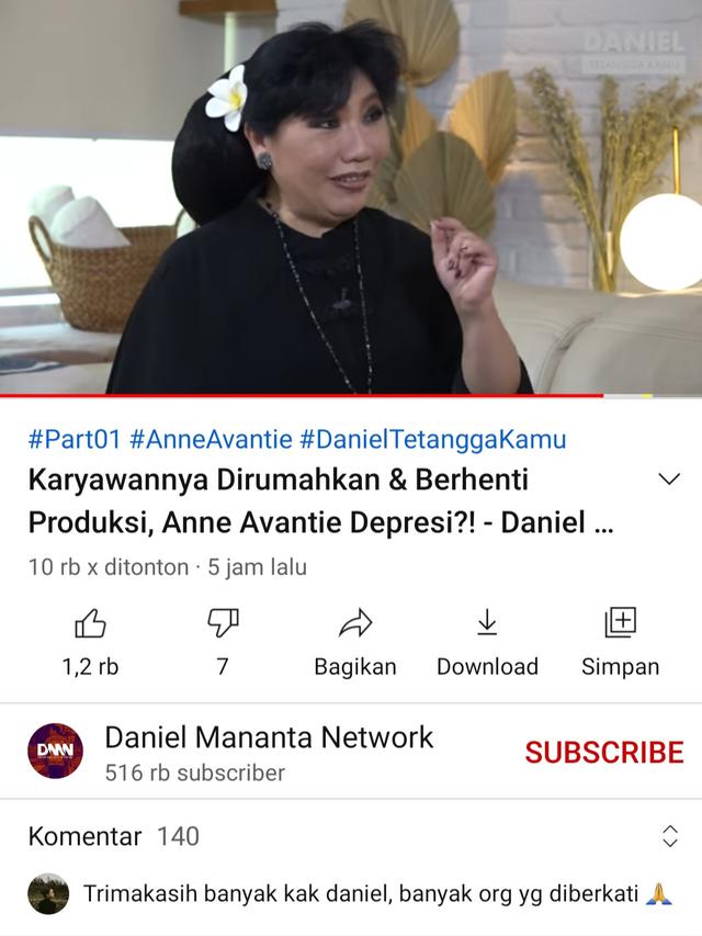 Anne Avantie dalam konten Daniel Mananta. (Foto: YouTube Daniel Mananta Network)