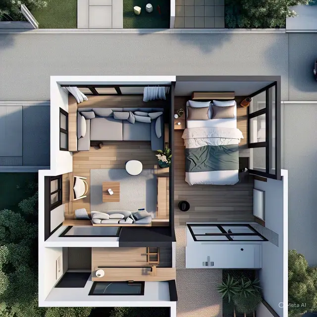 Denah Rumah Minimalis 2 Kamar Ukuran 7x9 dengan Gudang