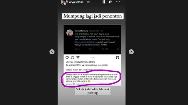 Arya Saloka Unggah Kritikan Fans Terkait Jalan Cerita Ikatan Cinta (Foto: Instagram/@arya.saloka)