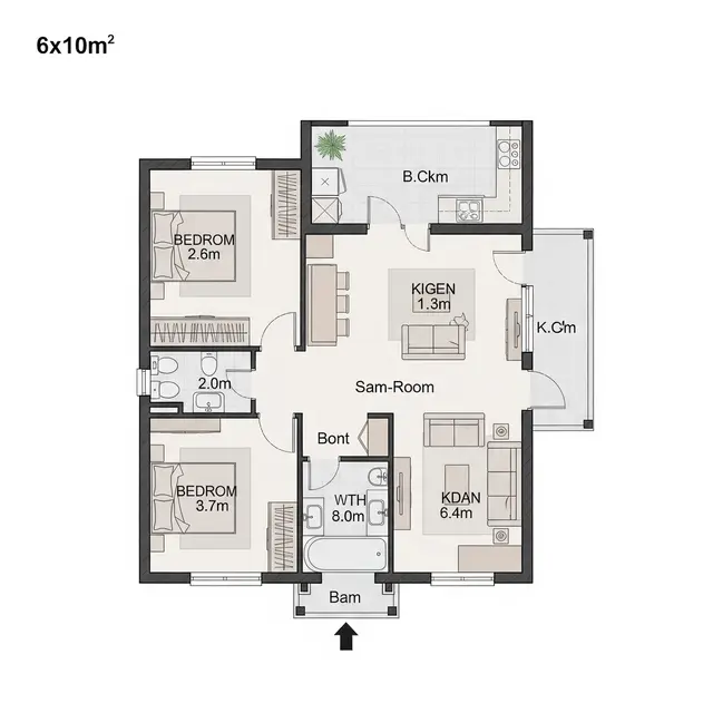 Denah Rumah di Desa 6x10 dengan 2 Kamar Tidur