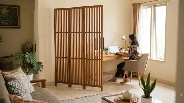 Ide pembatas ruangan untuk rumah kecil menggunakan sketsel berbagai motif unik model kisi-kisi untuk ruang kerja