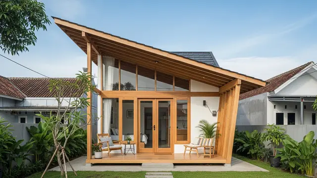 Model Rumah Kayu Atap Miring dengan Teras Depan