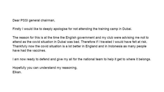 Surat Permintaan Maaf Elkan Baggott.